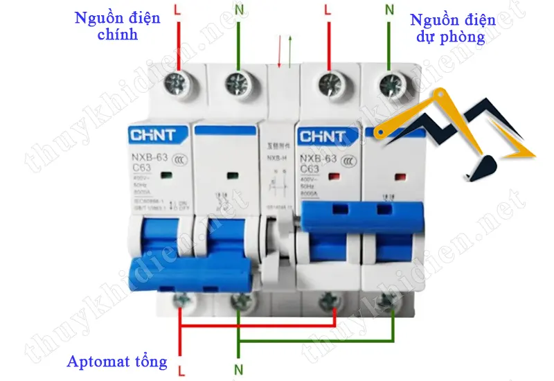 Sơ đồ đấu nối aptomat đảo chiều 1 pha 